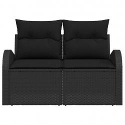Canapé de jardin 2 places avec coussins noirs en poly rotin