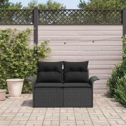 Canapé de jardin 2 places avec coussins en poly rotin noir