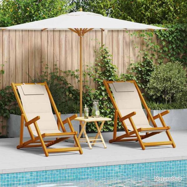 Chaises de plage pliantes 2 pcs Crme en bois d'acacia massif et Textilne