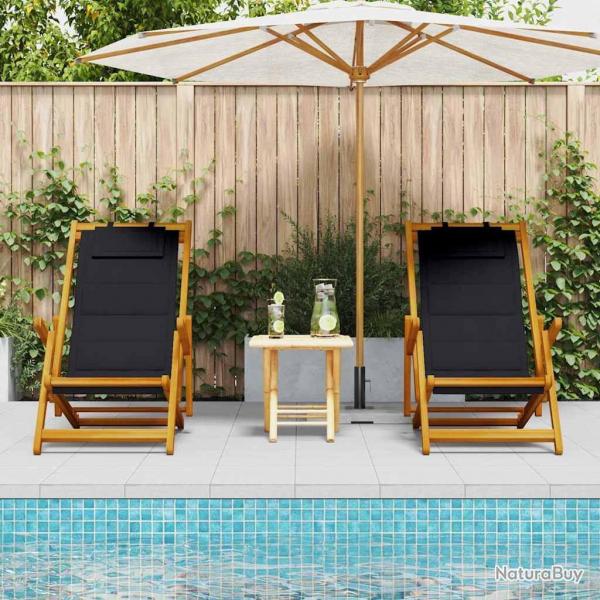 Chaises de plage pliantes 2 pcs Black Bois d'acacia massif & Textilne