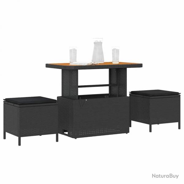 Ensemble de salle  manger de jardin 3 pices avec coussins en poly Rattan noir et acacia