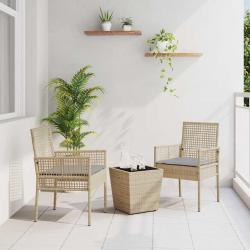 Ensemble de Bistro de Jardin 3 Pièces avec Coussins Beige en Poly Rattan