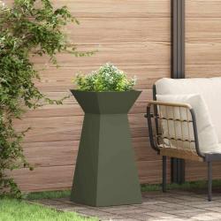Pots de jardin en forme de pilier , 2 pièces, avec bol vert olive, dimensions 35x35x73 cm, en acier.