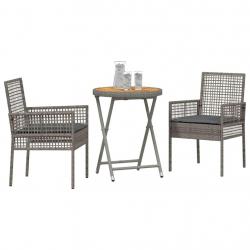 Ensemble Bistro de Jardin 3 Pièces avec Coussins Gris en Poly Rattan