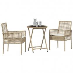 Ensemble de Bistro de Jardin 3 Pièces avec Coussins Beige en Poly Rattan