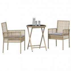 Ensemble Bistro de Jardin 3 Pièces avec Coussins Beige en Poly Rattan