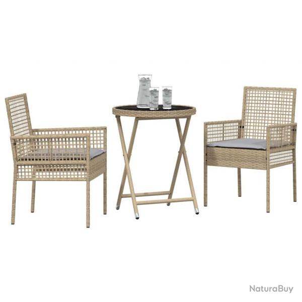 Ensemble Bistro de Jardin 3 Pices avec Coussins Beige en Poly Rattan
