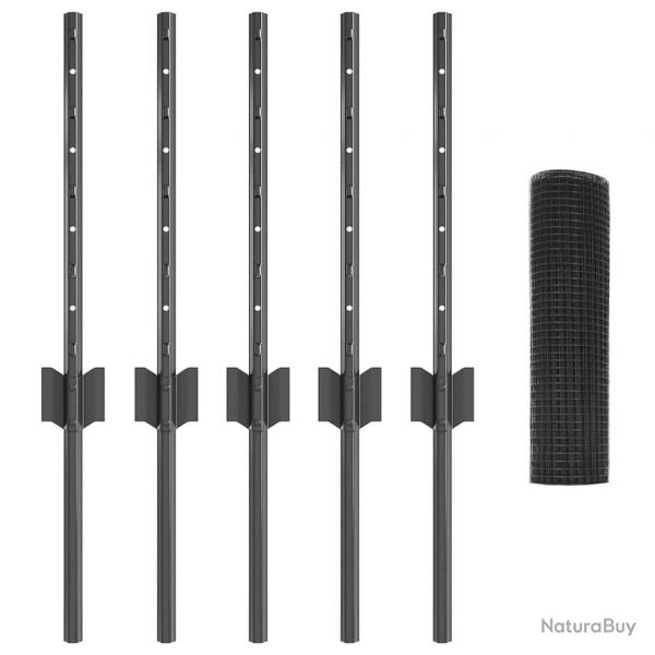 Clture en fil soud avec 5 poteaux U Gris 0.4x10 m Acier