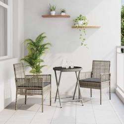 Ensemble de Bistro de Jardin 3 Pièces avec Coussins Gris en Rattan Poly