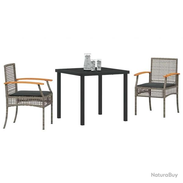 Set de jardin de 3 pices avec coussins en poly rotin gris