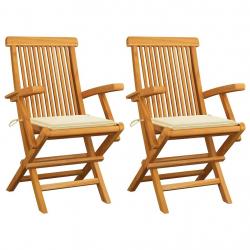 Chaises de jardin avec coussins crème lot de 2 Bois teck massif
