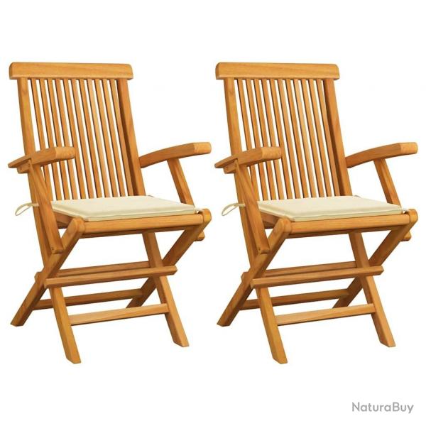 Chaises de jardin avec coussins crme lot de 2 Bois teck massif
