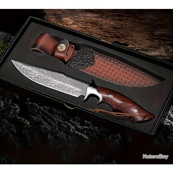 Couteau de chasse Damas - Coffret cadeau - Motif plume