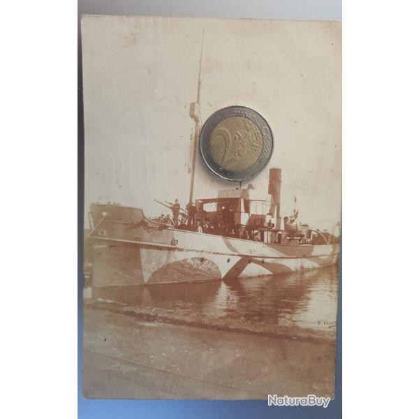 Photo marine de guerre btiment coque camoufle WW1 souvenir du Chne au dos