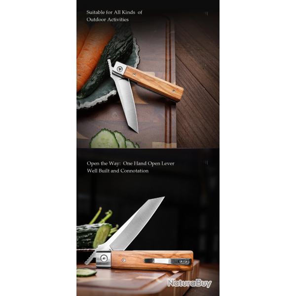Couteau TRIVISA Dolphin-FO Lame Tanto Reverse Acier 14C28N Manche Bois Olivier Liner Lock TVYZ04FGL