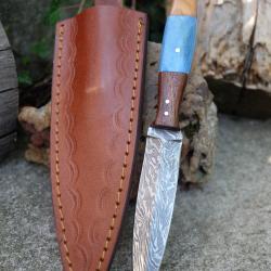 Couteau de Chasse Dague Damas Lame Acier 256 Couches Manche Bois/Os Fabric Artisanale Etui Cuir