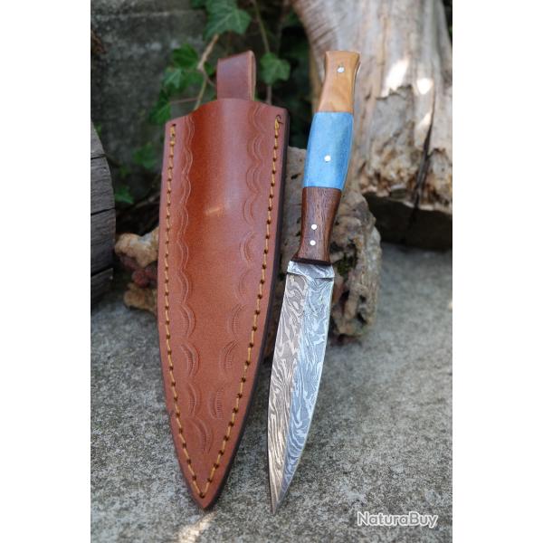 Couteau de Chasse Dague Damas Lame Acier 256 Couches Manche Bois/Os Fabric Artisanale Etui Cuir