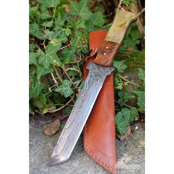 Couteau Tactical Tanto Damas Epaisse Lame 256 Couches Manche Bois & Os Fabric Artisanale Etui Cuir