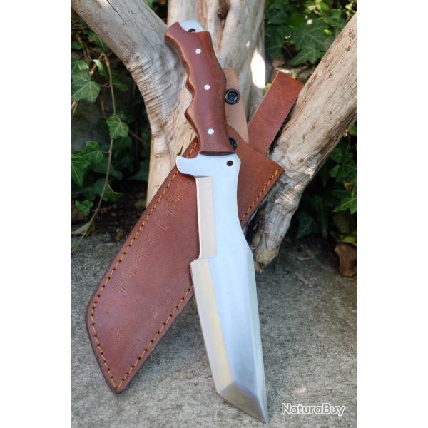 Couteau Bushcraft Trakker Survie Lame Acier Carbone 1055 Manche Micarta Etui Cuir Fabr Artisanale