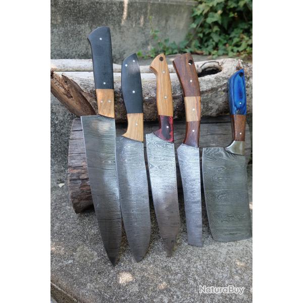 LOT DE 5 Couteau De Cuisine Couteau de Chef Lame Acier Damas 256 Couches Fabrication Artisanale 002