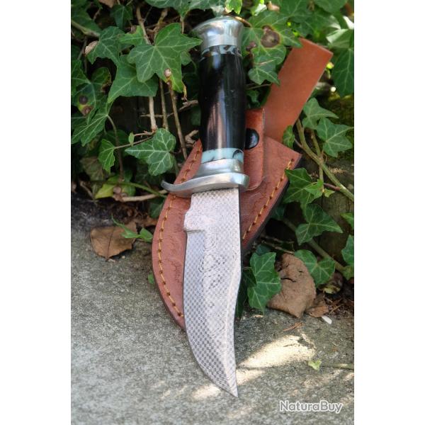 Poignard Couteau de Chasse Lame Acier Carbone 1055 Manche Rsine Acier Etui Cuir F Artisanale