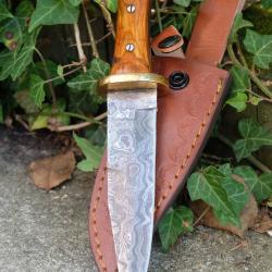 Couteau Dague Scottish Dirk Lame Acier Damas 256 Couches Manche Bois Etui Cuir Fabric Artisanale