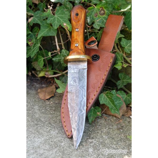 Couteau Dague Scottish Dirk Lame Acier Damas 256 Couches Manche Bois Etui Cuir Fabric Artisanale