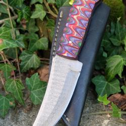 Skinner Couteau de Chasse Damas Lame 256 Couches Manche Black/Purple 3D Fabr Artisanale Etui Cuir