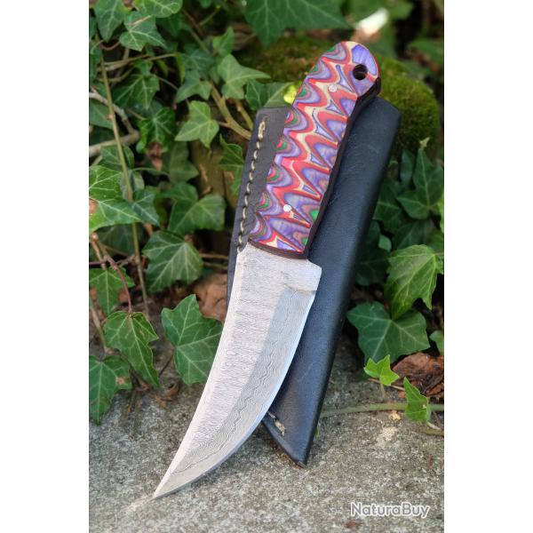 Skinner Couteau de Chasse Damas Lame 256 Couches Manche Black/Purple 3D Fabr Artisanale Etui Cuir