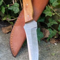Couteau Skinner Damas Lame Trailing Point Acier 256 Couches Manche Olivier Etui Cuir F Artisanale