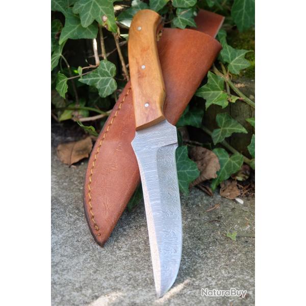 Couteau Skinner Damas Lame Trailing Point Acier 256 Couches Manche Olivier Etui Cuir F Artisanale