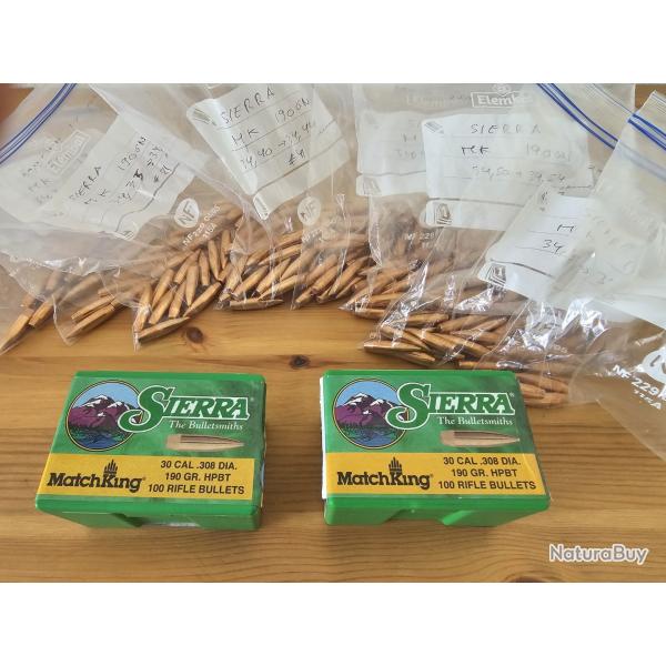 2 boites de 100 ogives SIERRA Matchking .30 (.308) HPBT 190gr / 12,3g classes par taille