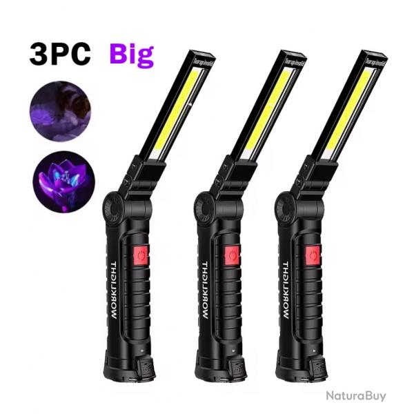 3X Lampe UV 395nm Rechargeable Magntique Pliable + Crochet 3 Modes Dtection Animaux Rsine Large