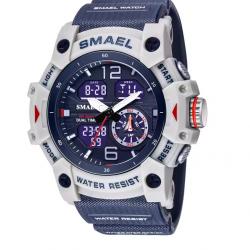 Montre militaire homme Quartz sport analogique numérique étanche 50M réveil robuste Bleu et Blanc