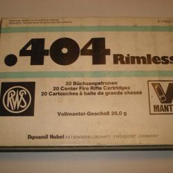 une boite de 20 cartouches RWS de 404 jeffery ou appelé également 404 rimless nitro express
