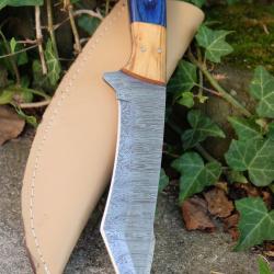 Mini Katana Couteau Tanto Damas Lame 256 Couches Manche 2 Bois Fabrication Artisanale Etui Cuir