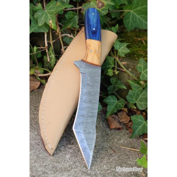 Mini Katana Couteau Tanto Damas Lame 256 Couches Manche 2 Bois Fabrication Artisanale Etui Cuir