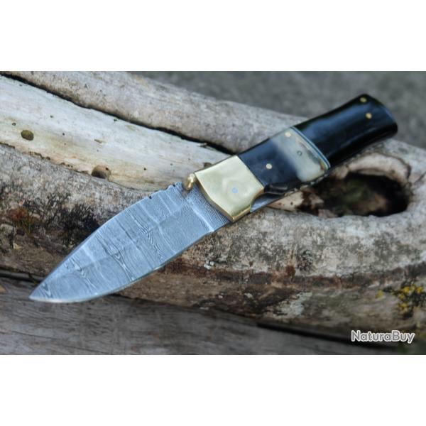 Beau Couteau Damas Lame Drop Point 128 Couches Manche Blier & Rsine Fabric Artisanale Linerlock 02