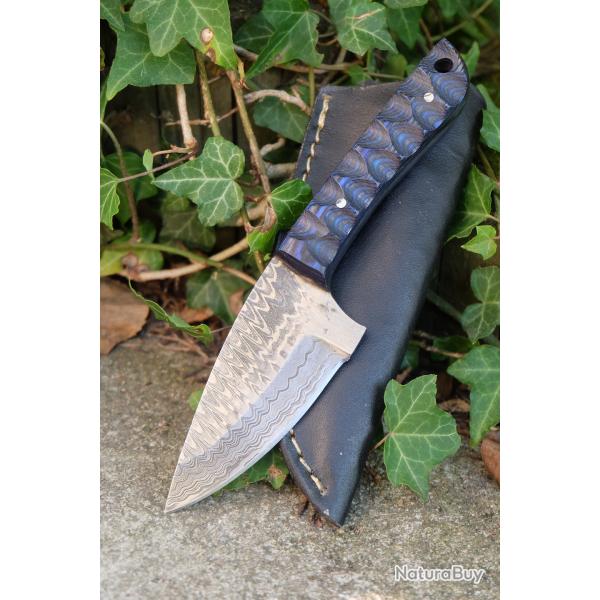 Skinner Couteau de Chasse Damas Lame 256 Couches Manche Bois Bleu Nuit 3D Fabr Artisanale Etui CuirA
