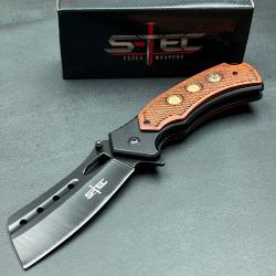 Couteau S-TEC Cleaver Semi-Automatique Lame Acier Inoxydable Manche en Bois Sécurité Liner Lock
