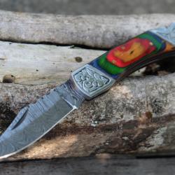 Couteau Lame Damas 128 Couches Style Buck 112 Manche Bois Arlequin Fabr Artisanale Sécurité Lockback