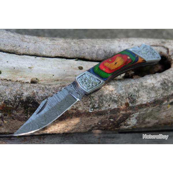Couteau Lame Damas 128 Couches Style Buck 112 Manche Bois Arlequin Fabr Artisanale Scurit Lockback
