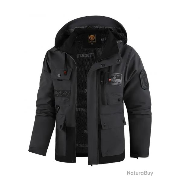 Manteau veste homme L noir chaud  capuche randonne chasse pche hiver polyester Neuf