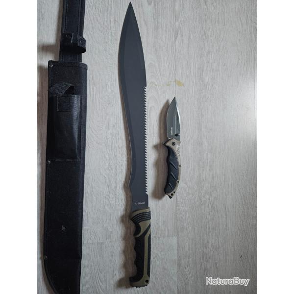 Machette et couteau de poche USMC United Cutlery Tan et noir avec tui Nylon