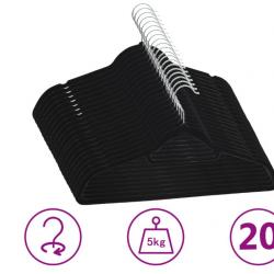 Cintres antiderapants 20 pcs noir 44,5 x 0,6 x 23,5 cm plastique zinc velours rangement pratique