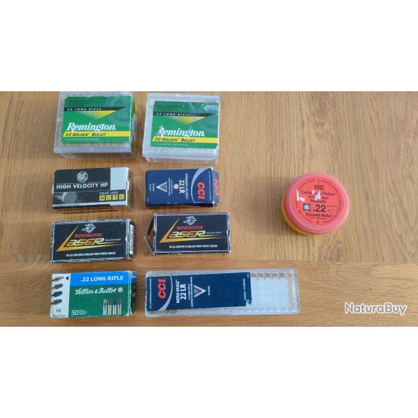 Lot de diverses botes de 22lr, 283 cartouches