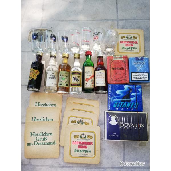 LOT VINTAGE: CIGARETTES BOYARDS, GITANES MAS, ROTH-HNDLE SOUS CELLO - MIGNONNETTES - VERRES