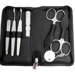 Trousse manucure ALPEN, cuir noir à fermeture éclair, 6 pièces inox satiné