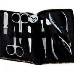 Trousse manucure ALPEN, cuir soft noir à fermeture éclair, 7 pièces inox satiné