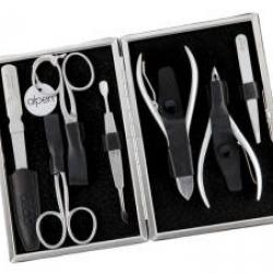 Trousse manucure ALPEN, cuir noir, fermoir cadre, 7 pièces inox satiné